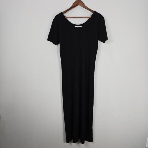 Exclusively Misook Midi Dress M Black Knit W/Side Slit Short Sleeve Minimalist - Picture 1 of 13